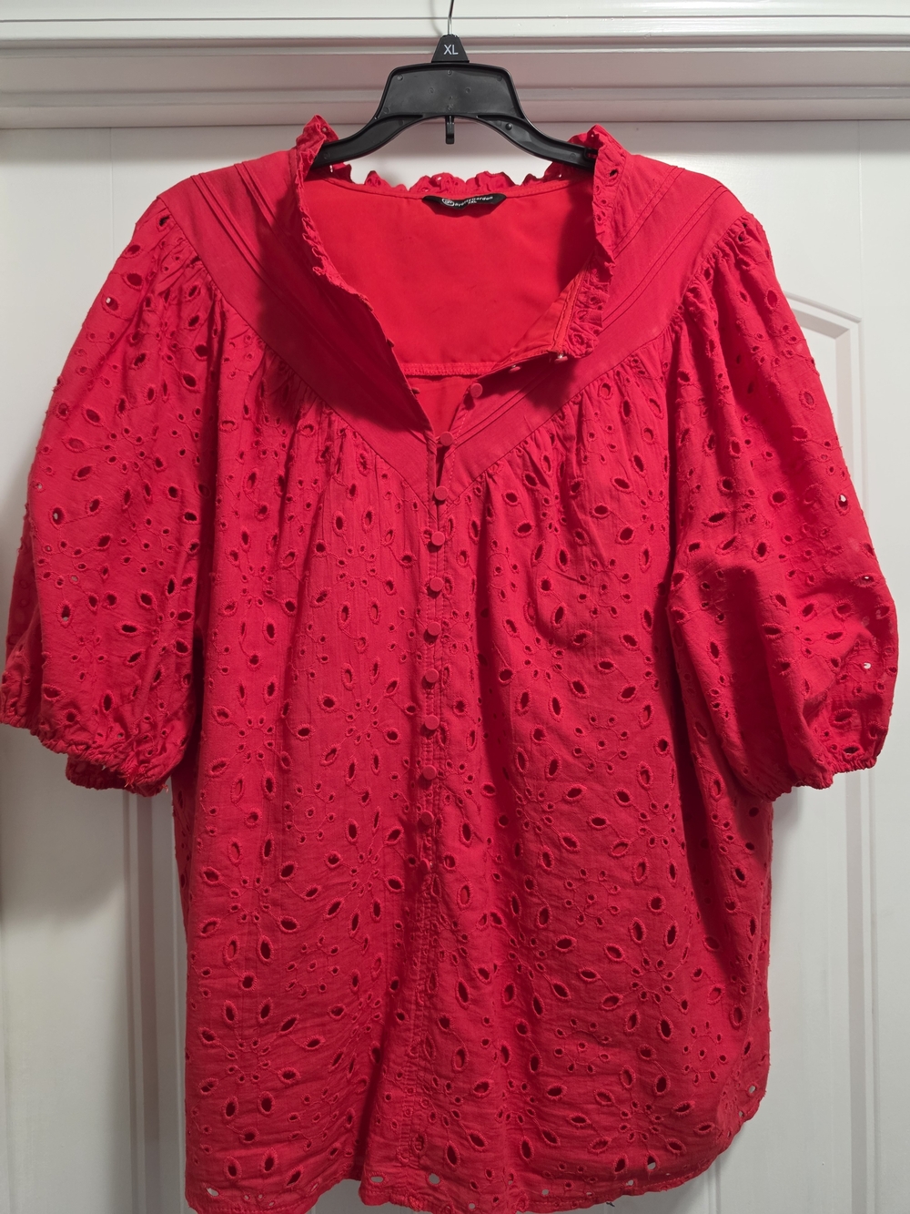 Coral Eyelet Button-Front Puff Sleeve Blouse